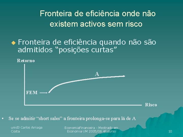Fronteira de eficiência onde não existem activos sem risco u Fronteira de eficiência quando Fronteira de eficiência onde não existem activos sem risco u Fronteira de eficiência quando