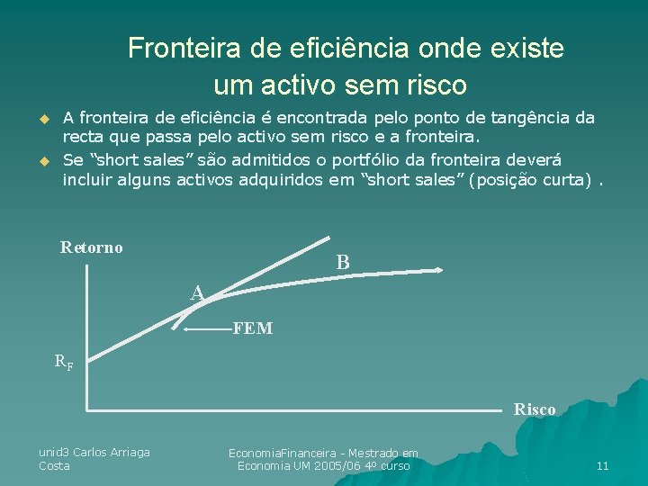 Fronteira de eficiência onde existe um activo sem risco u u A fronteira de Fronteira de eficiência onde existe um activo sem risco u u A fronteira de
