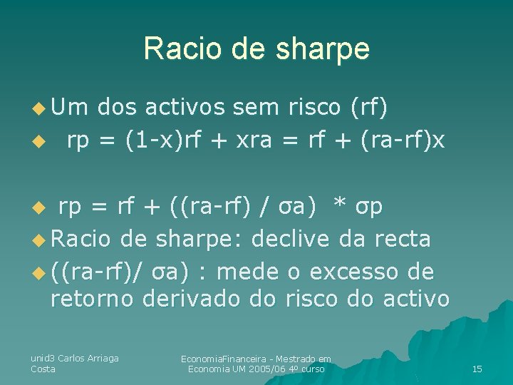 Racio de sharpe u Um u dos activos sem risco (rf) rp = (1 Racio de sharpe u Um u dos activos sem risco (rf) rp = (1