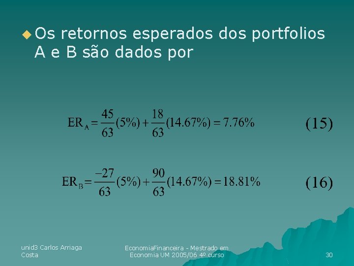 u Os retornos esperados portfolios A e B são dados por unid 3 Carlos u Os retornos esperados portfolios A e B são dados por unid 3 Carlos