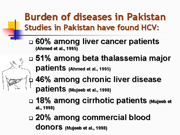 Burden of diseases in Pakistan Studies in Pakistan have found HCV: q 60% among