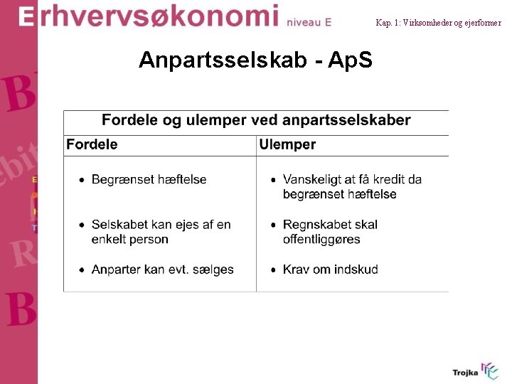 Kap. 1: Virksomheder og ejerformer Anpartsselskab - Ap. S 