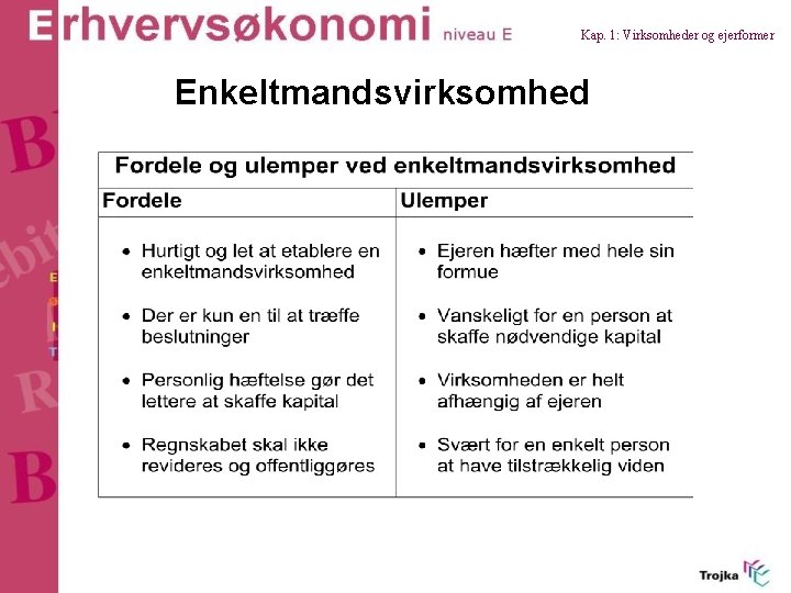 Kap. 1: Virksomheder og ejerformer Enkeltmandsvirksomhed 