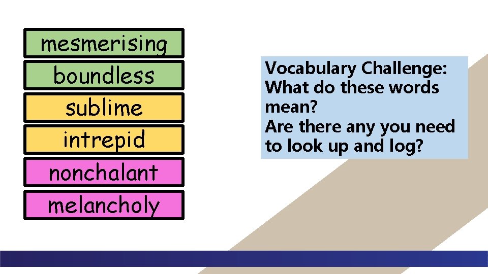 mesmerising boundless sublime intrepid nonchalant melancholy Vocabulary Challenge: What do these words mean? Are