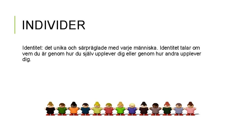 INDIVIDER Identitet: det unika och särpräglade med varje människa. Identitet talar om vem du INDIVIDER Identitet: det unika och särpräglade med varje människa. Identitet talar om vem du