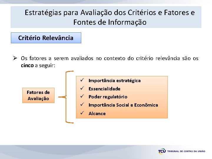 Estratégias para Avaliação dos Critérios e Fatores e Fontes de Informação Critério Relevância Ø