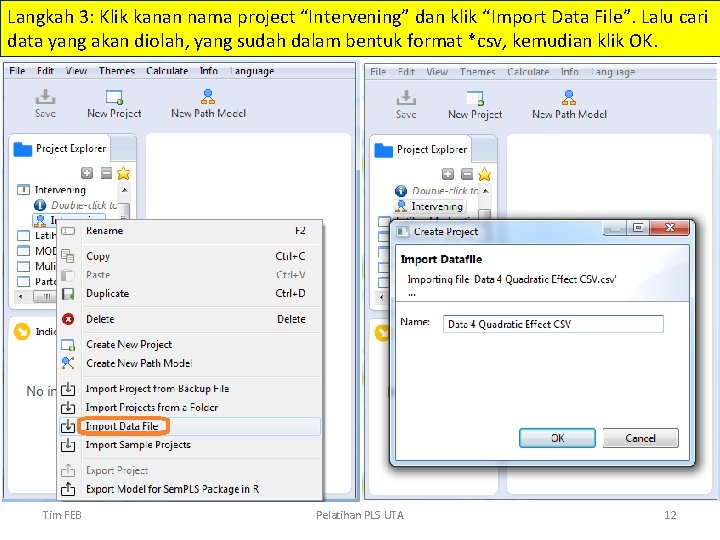 Langkah 3: Klik kanan nama project “Intervening” dan klik “Import Data File”. Lalu cari