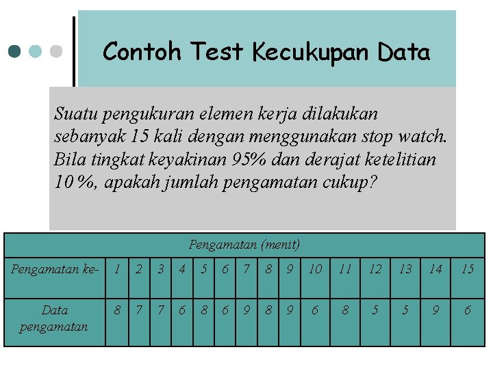 Contoh Test Kecukupan Data Suatu pengukuran elemen kerja dilakukan sebanyak 15 kali dengan menggunakan Contoh Test Kecukupan Data Suatu pengukuran elemen kerja dilakukan sebanyak 15 kali dengan menggunakan
