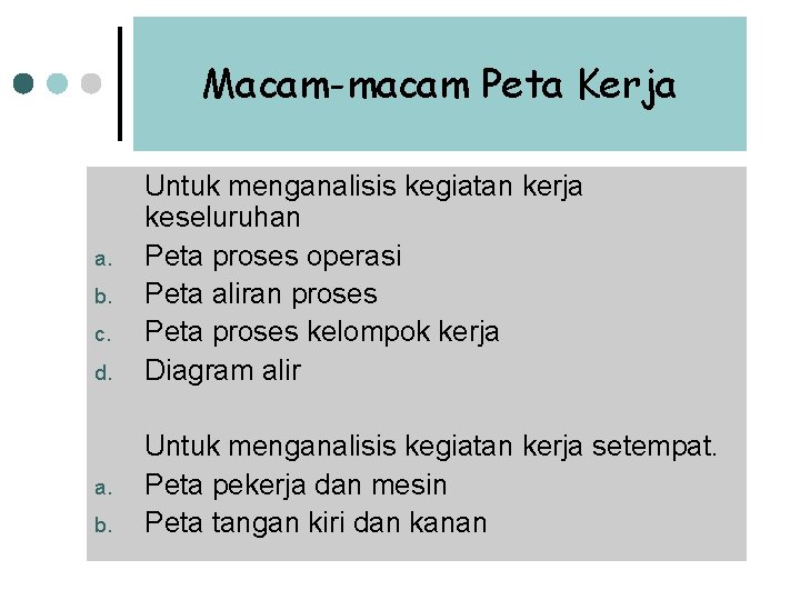 Macam-macam Peta Kerja a. b. c. d. a. b. Untuk menganalisis kegiatan kerja keseluruhan Macam-macam Peta Kerja a. b. c. d. a. b. Untuk menganalisis kegiatan kerja keseluruhan