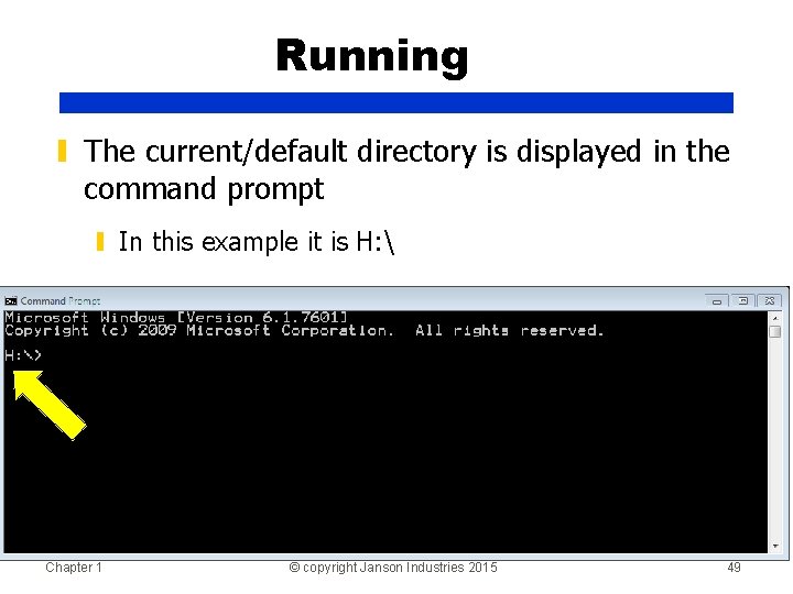 Running ▮ The current/default directory is displayed in the command prompt ▮ In this
