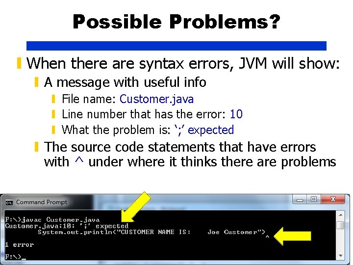 Possible Problems? ▮ When there are syntax errors, JVM will show: ▮ A message