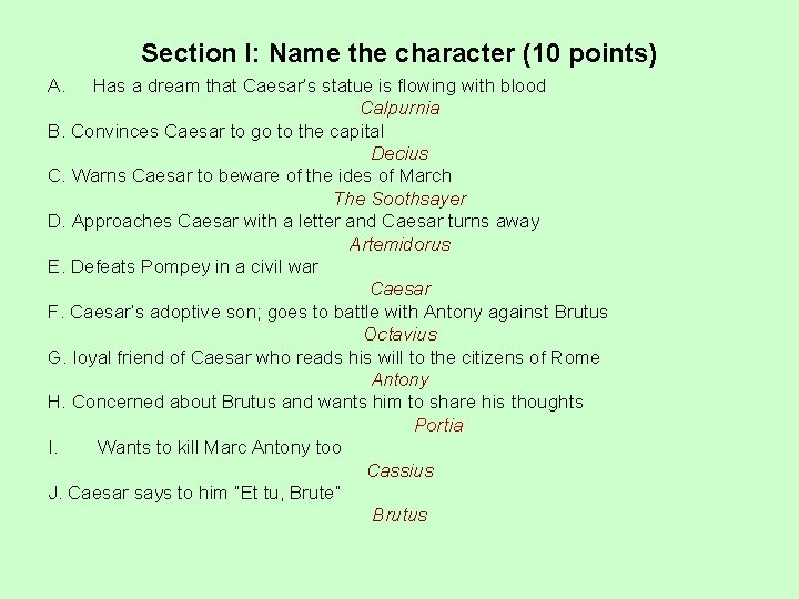 Section I: Name the character (10 points) A. Has a dream that Caesar’s statue