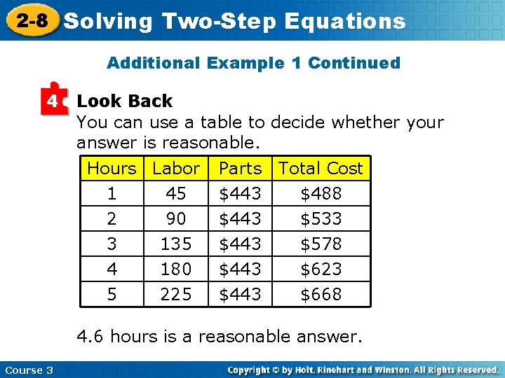 2 -8 Solving Two-Step Equations Additional Example 1 Continued 4 Look Back You can