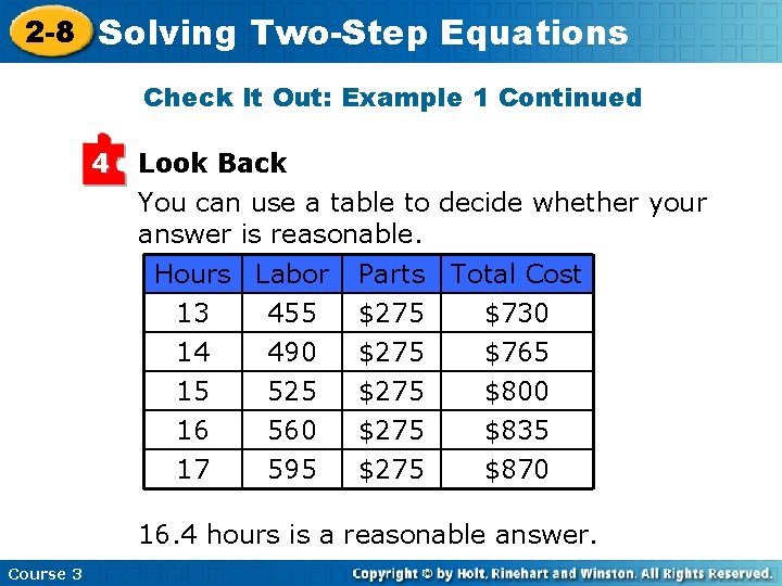 2 -8 Solving Two-Step Equations Check It Out: Example 1 Continued 4 Look Back