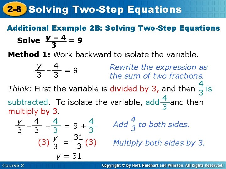 2 -8 Solving Two-Step Equations Additional Example 2 B: Solving Two-Step Equations Solve y