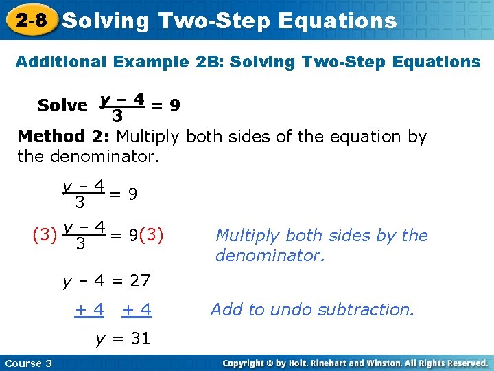 2 -8 Solving Two-Step Equations Additional Example 2 B: Solving Two-Step Equations Solve y