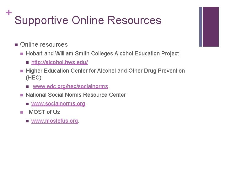+ Supportive Online Resources n Online resources n Hobart and William Smith Colleges Alcohol