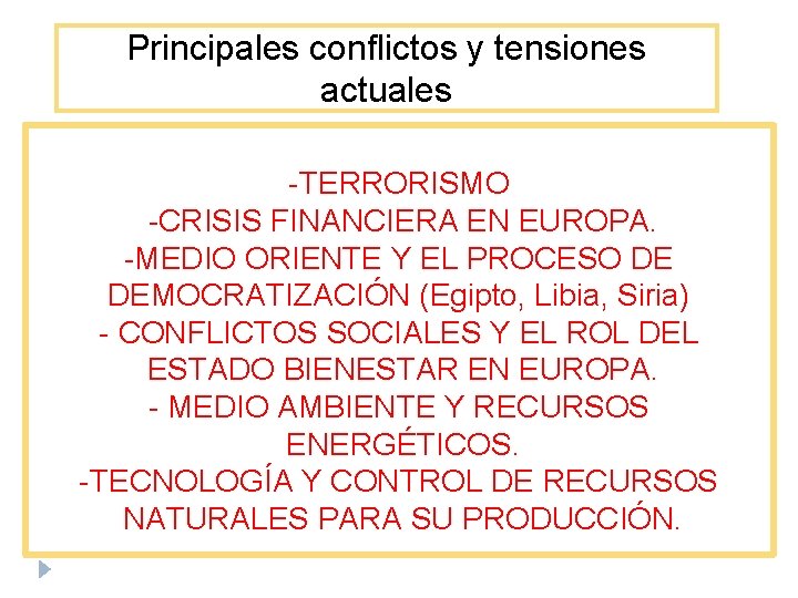 Principales conflictos y tensiones actuales -TERRORISMO -CRISIS FINANCIERA EN EUROPA. -MEDIO ORIENTE Y EL