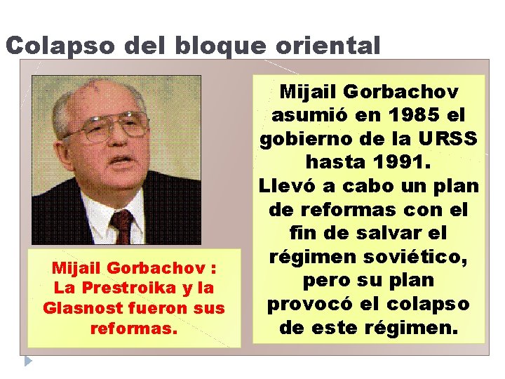 Colapso del bloque oriental Mijail Gorbachov : La Prestroika y la Glasnost fueron sus