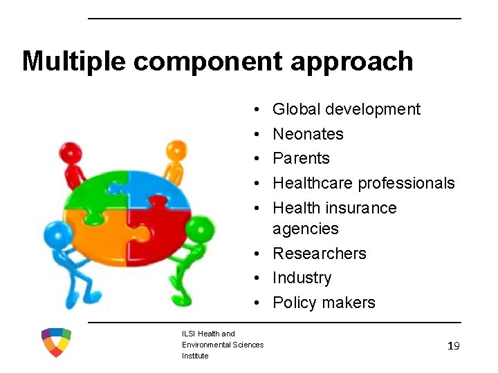 Multiple component approach • • • Global development Neonates Parents Healthcare professionals Health insurance
