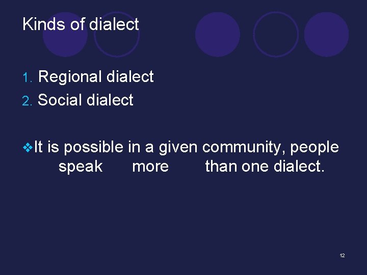 Kinds of dialect Regional dialect 2. Social dialect 1. v. It is possible in