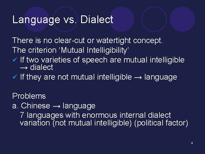 Language vs. Dialect There is no clear-cut or watertight concept. The criterion ‘Mutual Intelligibility’