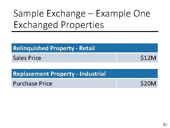 Sample Exchange – Example One Exchanged Properties Relinquished Property - Retail Sales Price $12