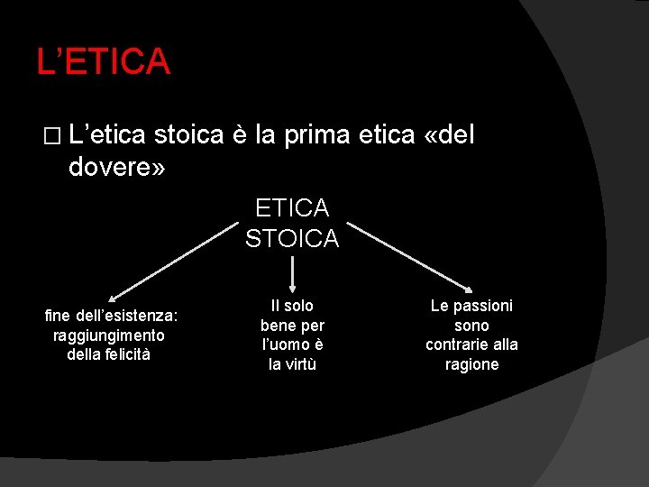 L’ETICA � L’etica stoica è la prima etica «del dovere» ETICA STOICA fine dell’esistenza: