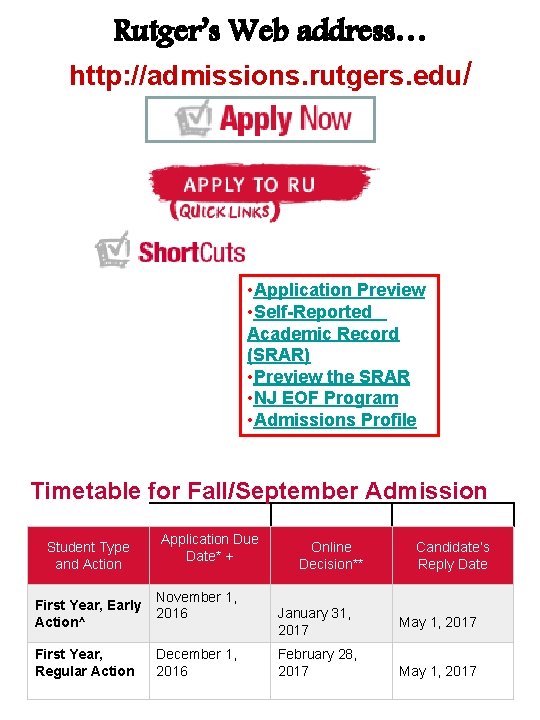 Rutger’s Web address… http: //admissions. rutgers. edu/ • Application Preview • Self-Reported Academic Record