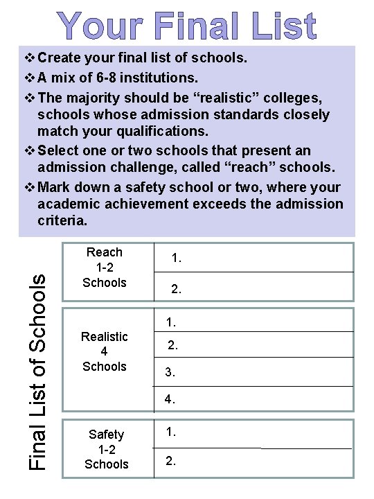 Your Final List of Schools v Create your final list of schools. v A