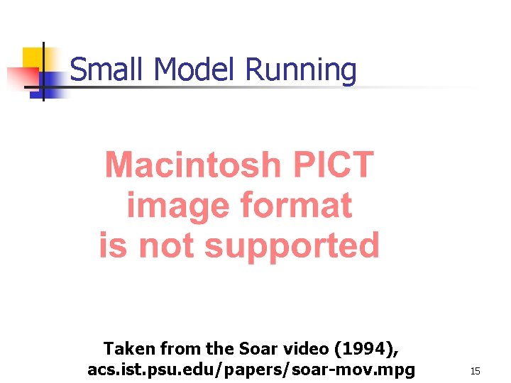 Small Model Running Taken from the Soar video (1994), acs. ist. psu. edu/papers/soar-mov. mpg Small Model Running Taken from the Soar video (1994), acs. ist. psu. edu/papers/soar-mov. mpg