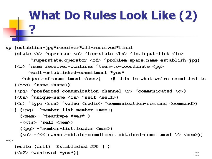 What Do Rules Look Like (2) ? sp {establish-jpg*receiver*all-received*final (state <s> ^operator <o> ^top-state What Do Rules Look Like (2) ? sp {establish-jpg*receiver*all-received*final (state <s> ^operator <o> ^top-state