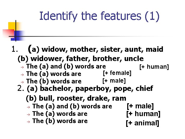 Identify the features (1) (a) widow, mother, sister, aunt, maid 1. (b) widower, father,