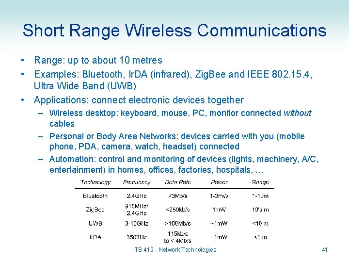 Short Range Wireless Communications • Range: up to about 10 metres • Examples: Bluetooth,