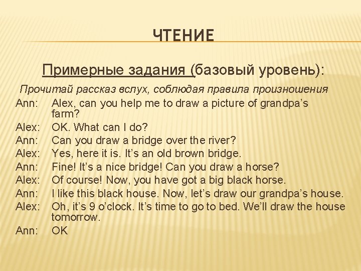 ЧТЕНИЕ Примерные задания (базовый уровень): Прочитай рассказ вслух, соблюдая правила произношения Ann: Alex, can