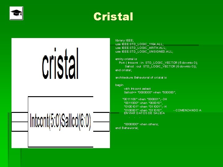 Cristal library IEEE; use IEEE. STD_LOGIC_1164. ALL; use IEEE. STD_LOGIC_ARITH. ALL; use IEEE. STD_LOGIC_UNSIGNED.