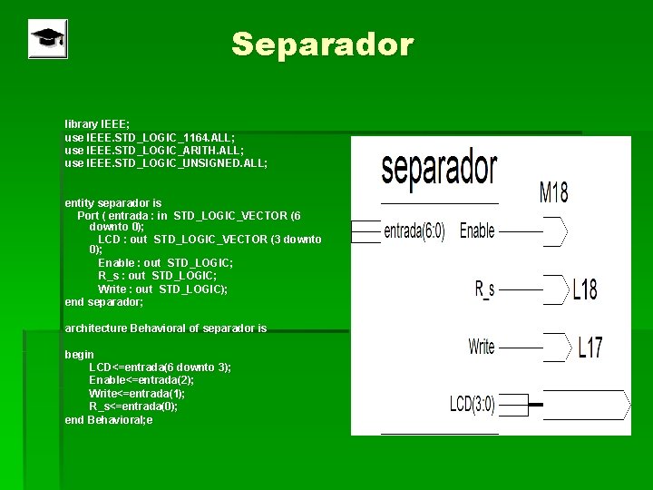Separador library IEEE; use IEEE. STD_LOGIC_1164. ALL; use IEEE. STD_LOGIC_ARITH. ALL; use IEEE. STD_LOGIC_UNSIGNED.