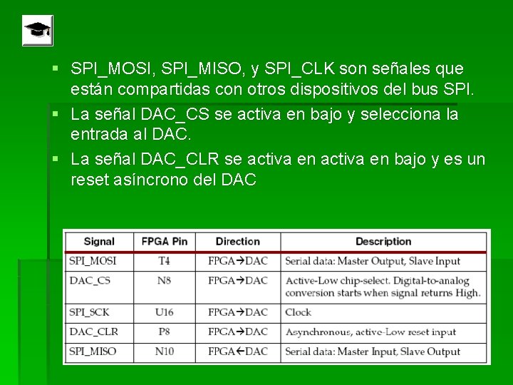 § SPI_MOSI, SPI_MISO, y SPI_CLK son señales que están compartidas con otros dispositivos del