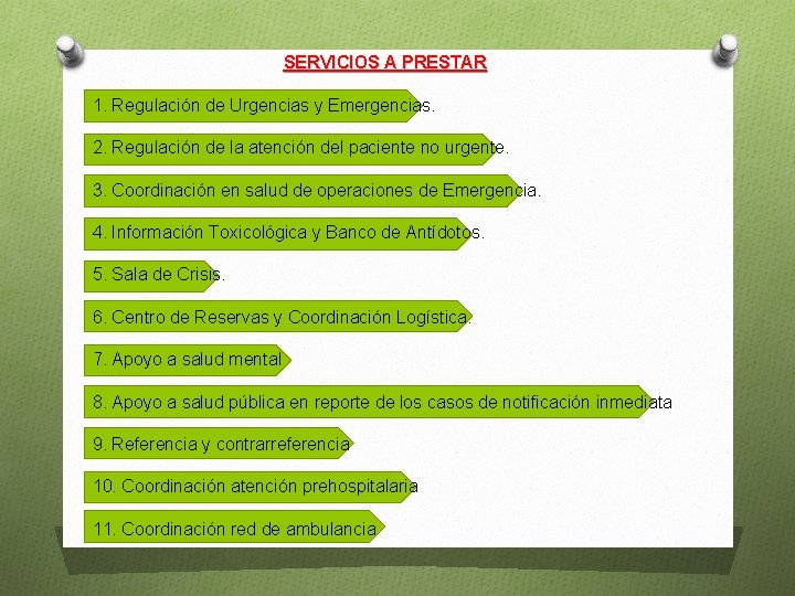 SERVICIOS A PRESTAR 1. Regulación de Urgencias y Emergencias. 2. Regulación de la atención