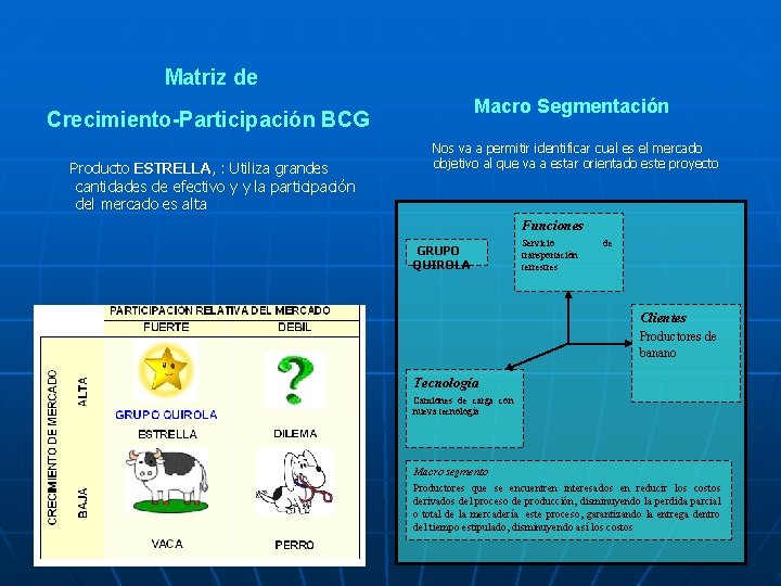 Matriz de Macro Segmentación Crecimiento-Participación BCG Producto ESTRELLA, : Utiliza grandes cantidades de efectivo