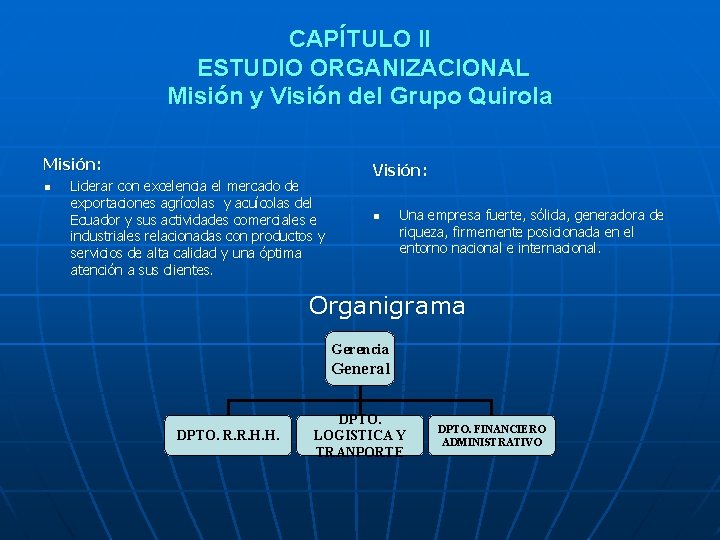 CAPÍTULO II ESTUDIO ORGANIZACIONAL Misión y Visión del Grupo Quirola Misión: n Liderar con