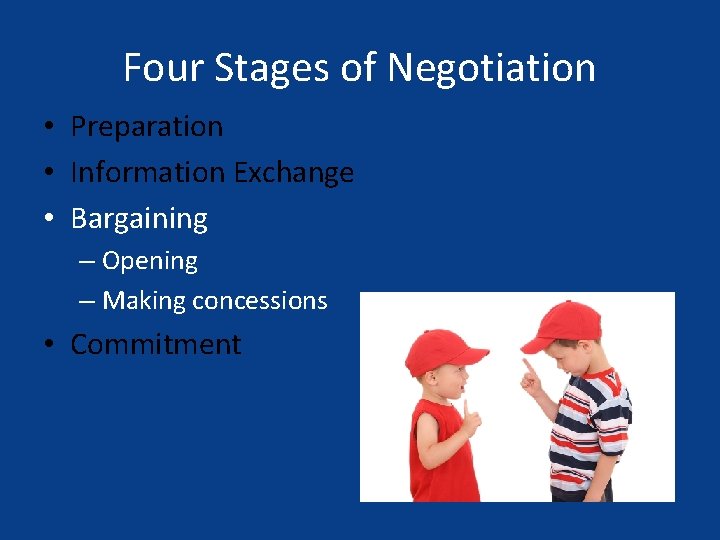 Four Stages of Negotiation • Preparation • Information Exchange • Bargaining – Opening –