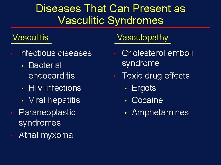 Diseases That Can Present as Vasculitic Syndromes Vasculitis • • • Infectious diseases •