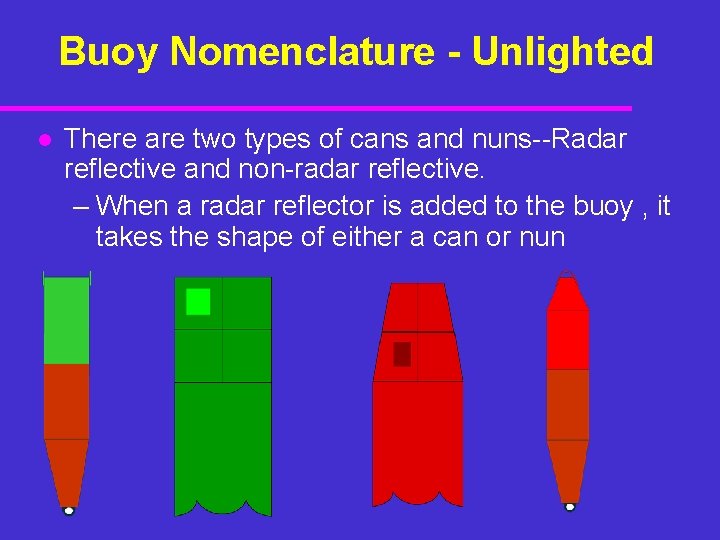 Buoy Nomenclature - Unlighted l There are two types of cans and nuns--Radar reflective