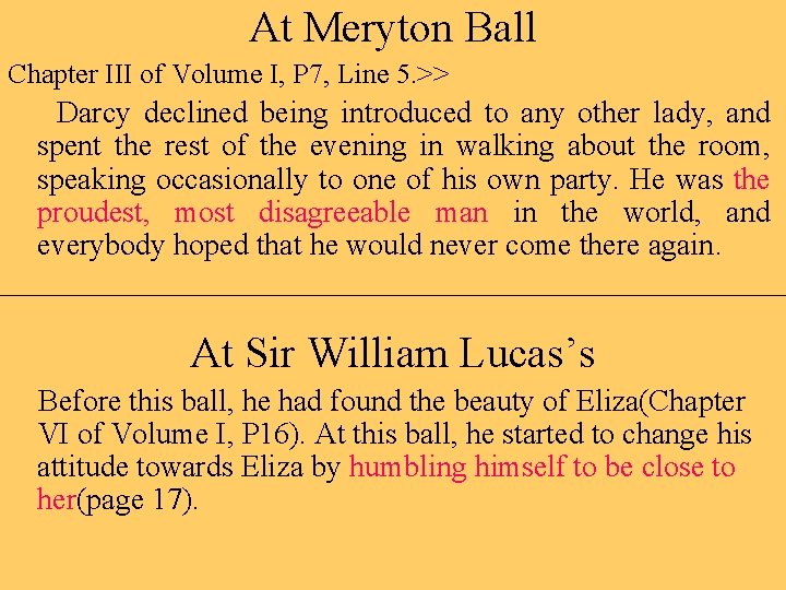 At Meryton Ball Chapter III of Volume I, P 7, Line 5. >> Darcy