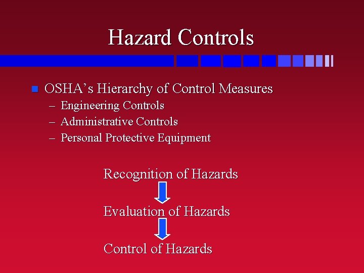 Hazard Controls n OSHA’s Hierarchy of Control Measures – – – Engineering Controls Administrative