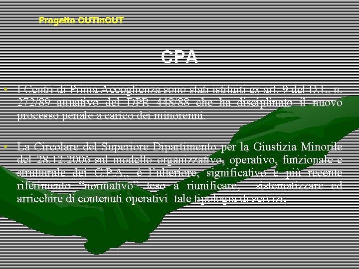 Progetto OUTin. OUT CPA • I Centri di Prima Accoglienza sono stati istituiti ex