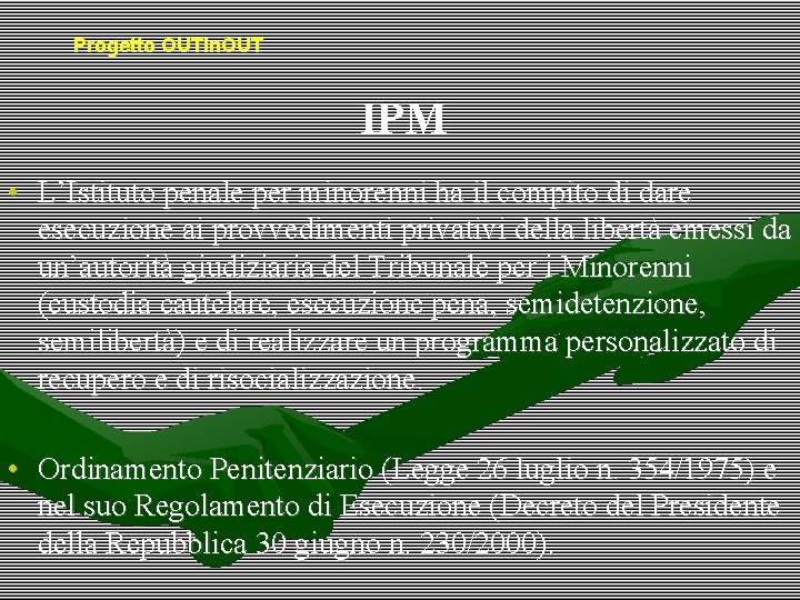 Progetto OUTin. OUT IPM • L’Istituto penale per minorenni ha il compito di dare