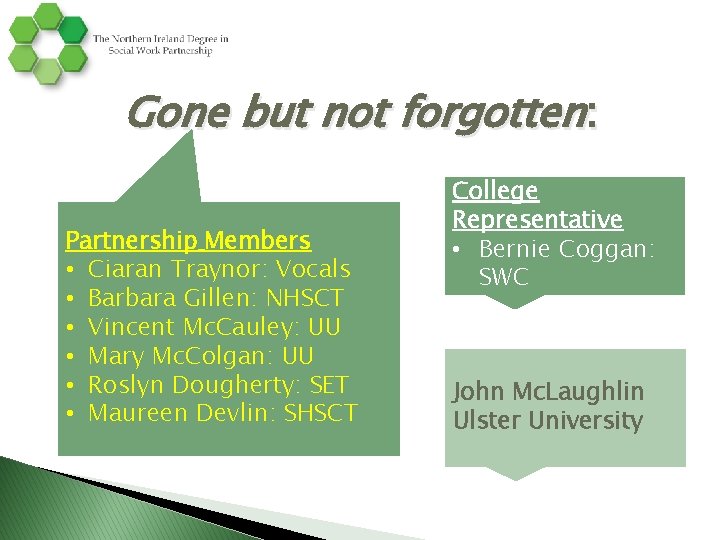 Gone but not forgotten: Partnership Members • Ciaran Traynor: Vocals • Barbara Gillen: NHSCT Gone but not forgotten: Partnership Members • Ciaran Traynor: Vocals • Barbara Gillen: NHSCT