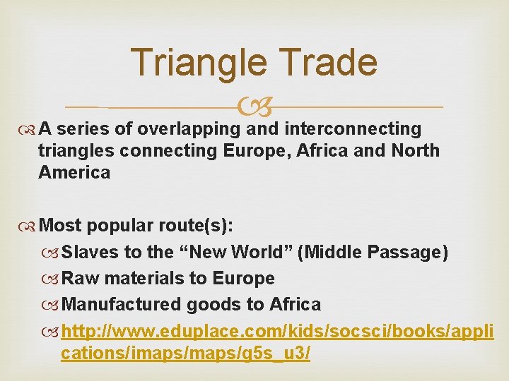 Triangle Trade A series of overlapping and interconnecting triangles connecting Europe, Africa and North